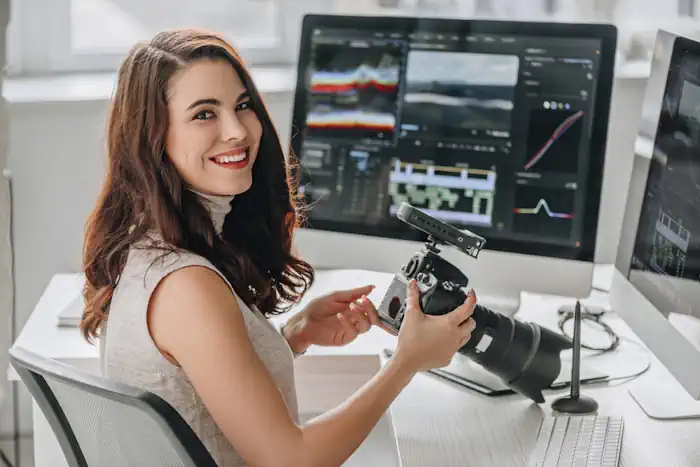 Girl with Video Camera Sitting at Desk with Computer